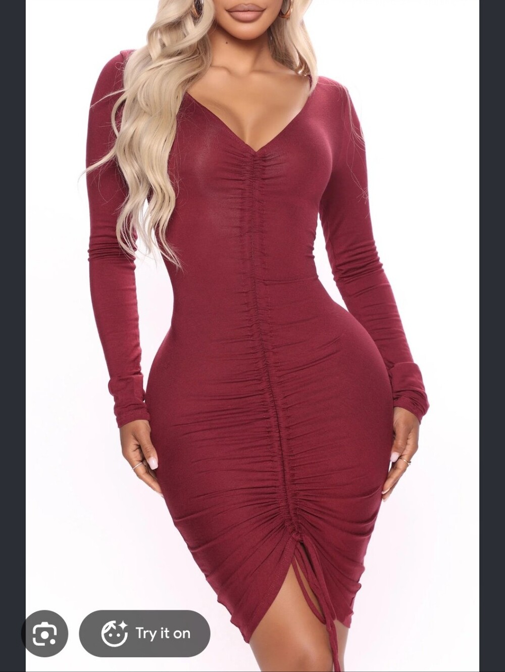 Fashion Nova Hong Kong Ruched Long Sleeve V-Neck Maxi Dress in Burgundy 1x